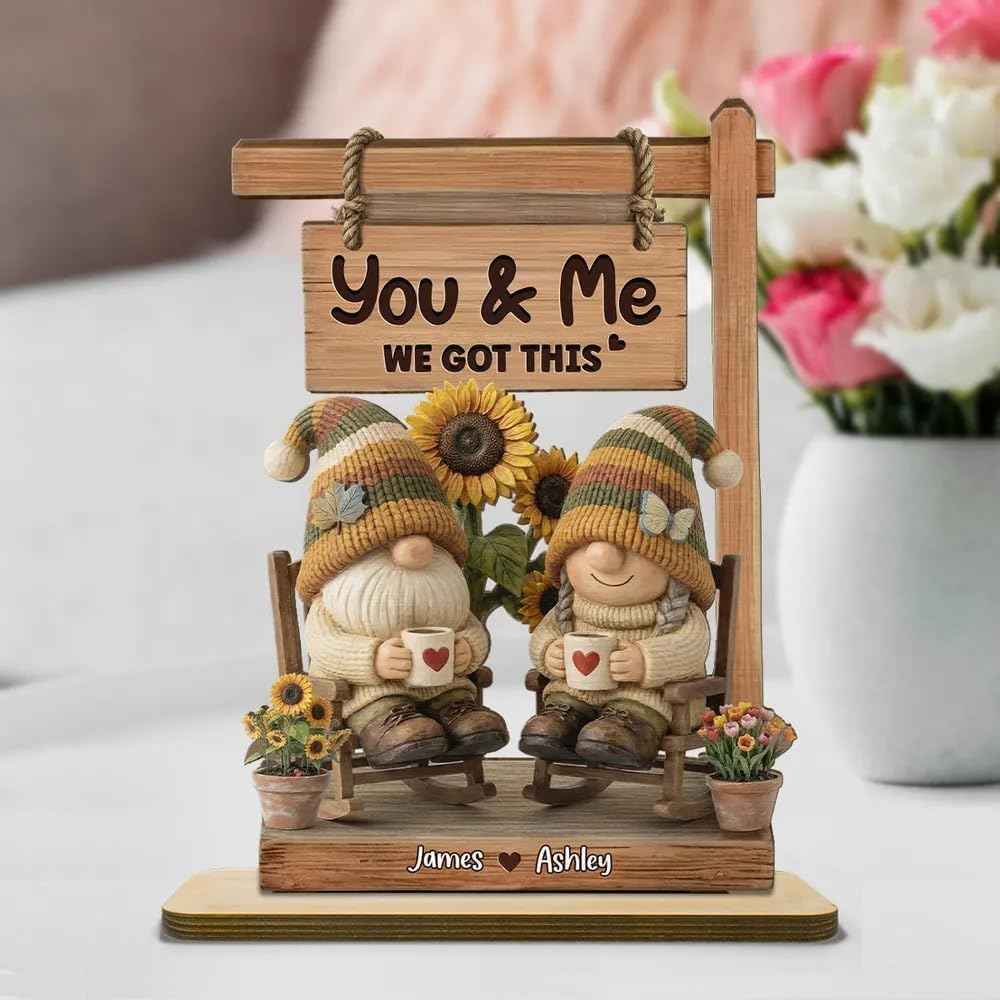 Personalized Gnome Couple Sign, Custom Names Romantic Gnome Love Wooden Table Sign, Cute Couple Home Decor, Anniversary Valentine Gift for Husband Wife