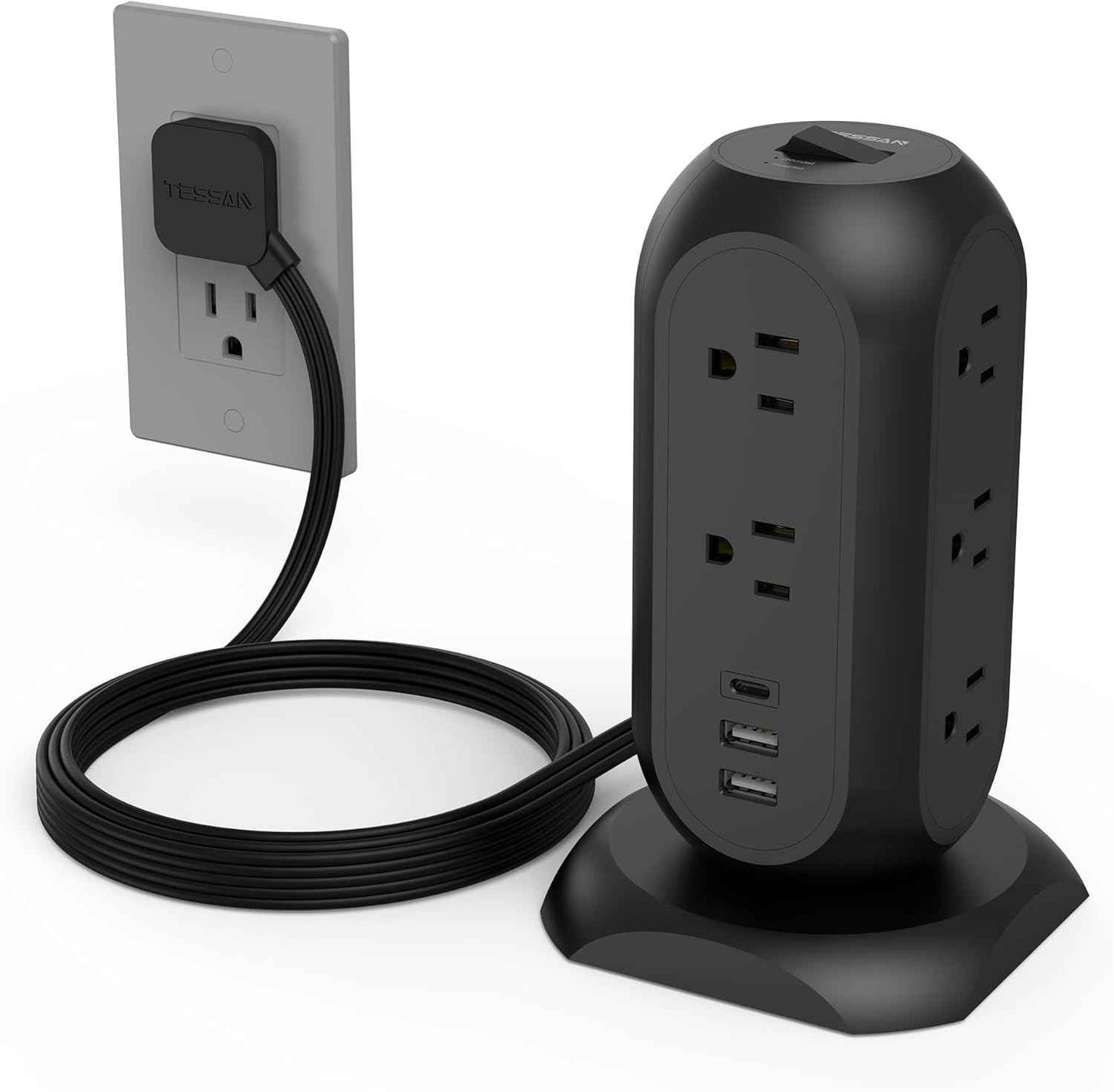 Tower Power Strip Flat Plug with 11 Outlets 3 USB (1 USB C), TESSAN Surge Protector Tower 1625W/13A,1050J Protection, 6 Feet Extension Cord with Multiple Outlets, Office Desk Supplies, Dorm Essentials