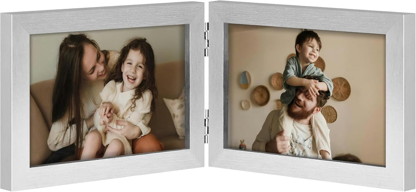 decorUhome Double 4x6 Picture Frame Vertical, Engineered Wood Bifold Photo Frame with Plexiglass for Tabletop Display, 4x6, Black