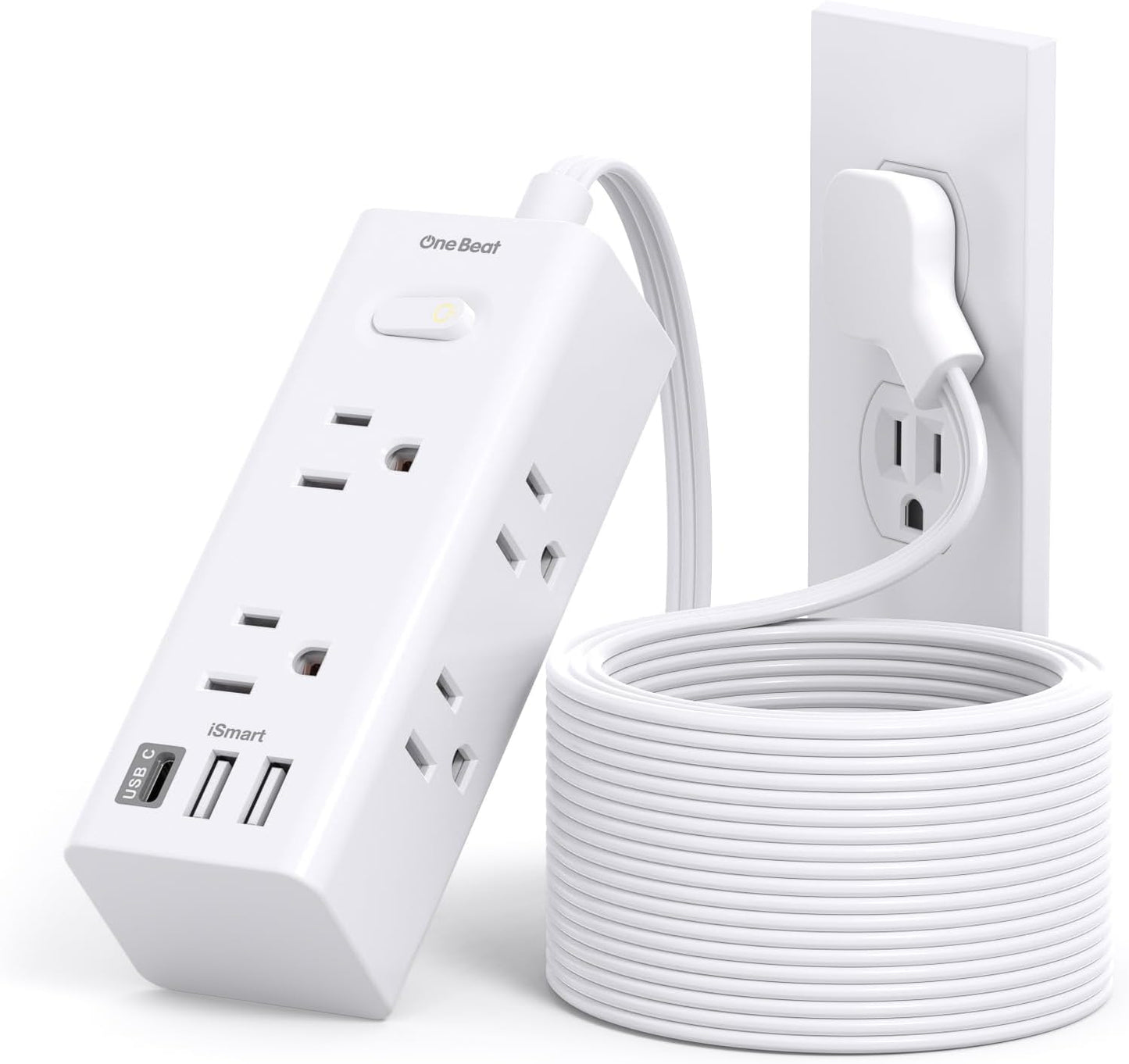 One Beat 10Ft Extension Cord Power Strip – 6 Outlets & 4 USB Ports (2 USB-C), Flat Plug Surge Protector for Home