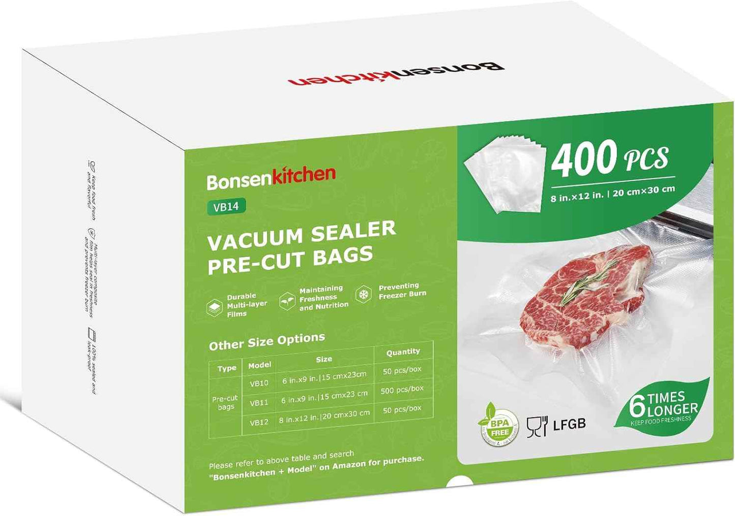 Bonsenkitchen Vacuum Sealer Bags, 50 Quart 8" x 12" Precut Food Sealer Bags, Commercial Grade, BPA Free, Heavy Duty, Customized Size Vacuum Bags for Vac Storage, Meal Prep or Sous Vide Cooking, VB12