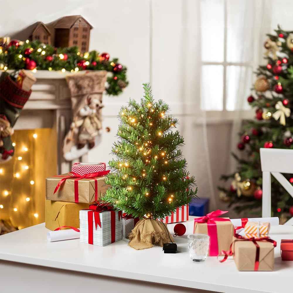 Pre-lit Mini Christmas Tree, 2ft Christmas Tree with 50 Led Warm Lights, Artificial Christmas Tree with 72 Branch Tips, Battery Operated Small Xmas Tree for Table Desk Best Holiday Home Decorations