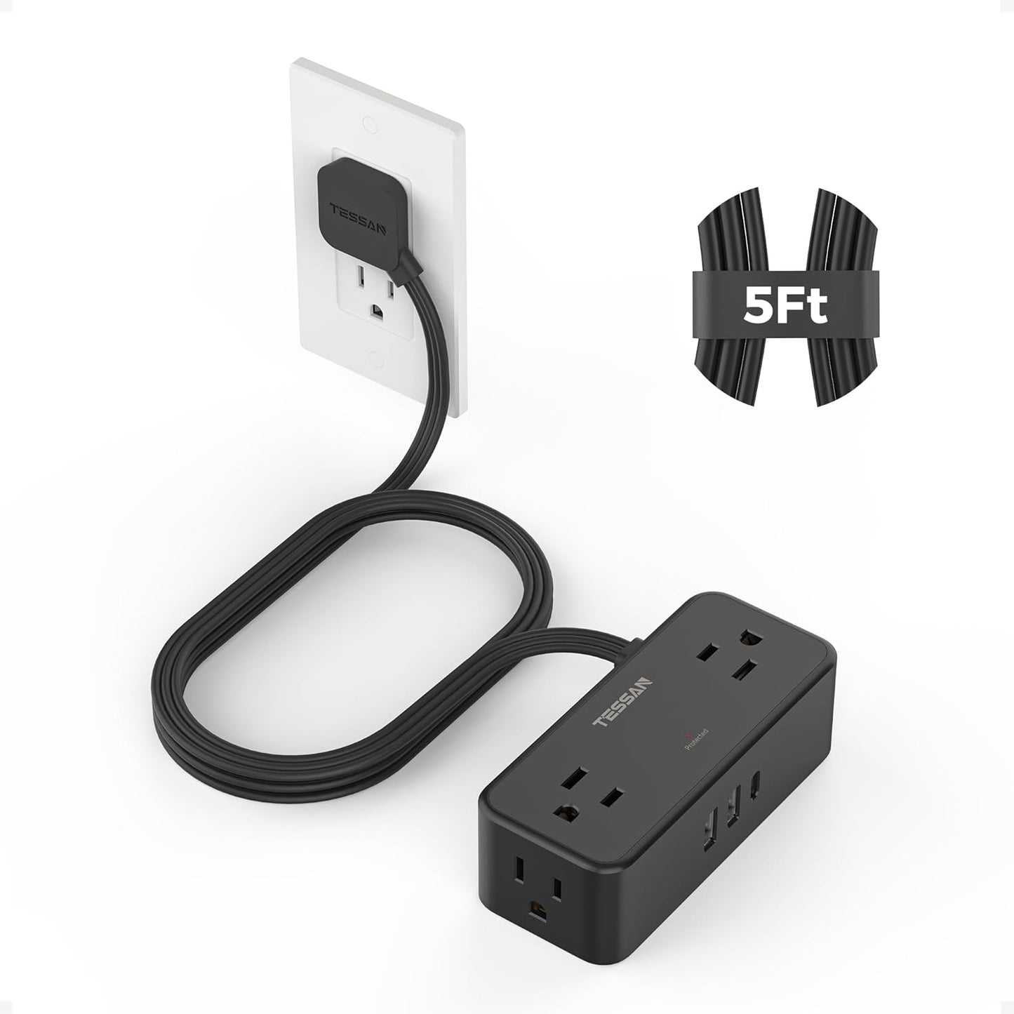 TESSAN Flat Plug Extension Cord 5 FT, Surge Protector Power Strip with 4 AC Outlets 1 USB C and 2 USB A Ports, 900 Joules Protection, Multiple Wall Outlet Extender Suitable for Home Office Dorm