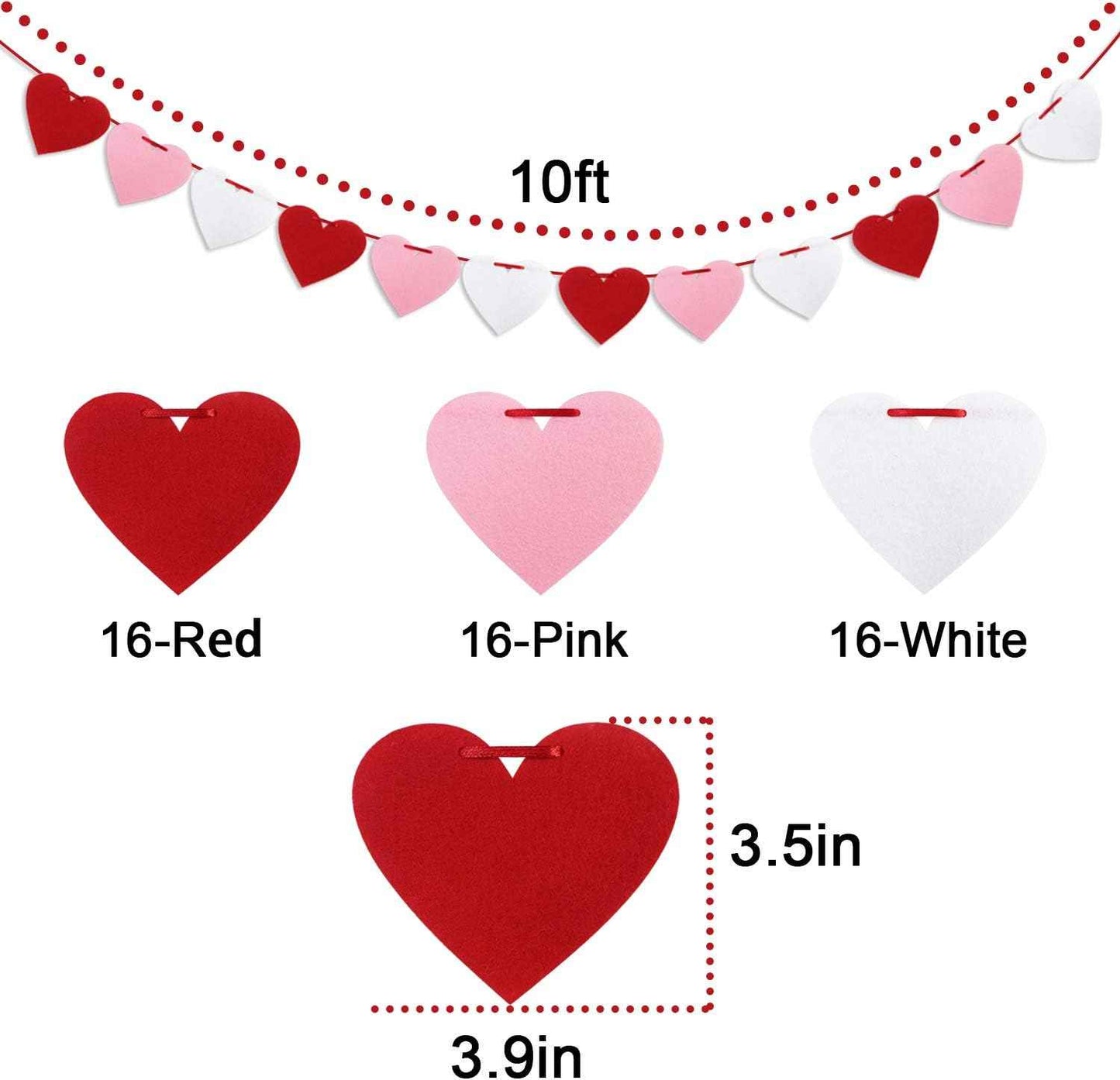 Felt Heart Garland Banner, Pre-Strung | Valentines Decorations | Red Pink White Valentines Banner | Anniversary Wedding Birthday Party Decorations | Outdoor Home Hanging Valentine's Day Decor