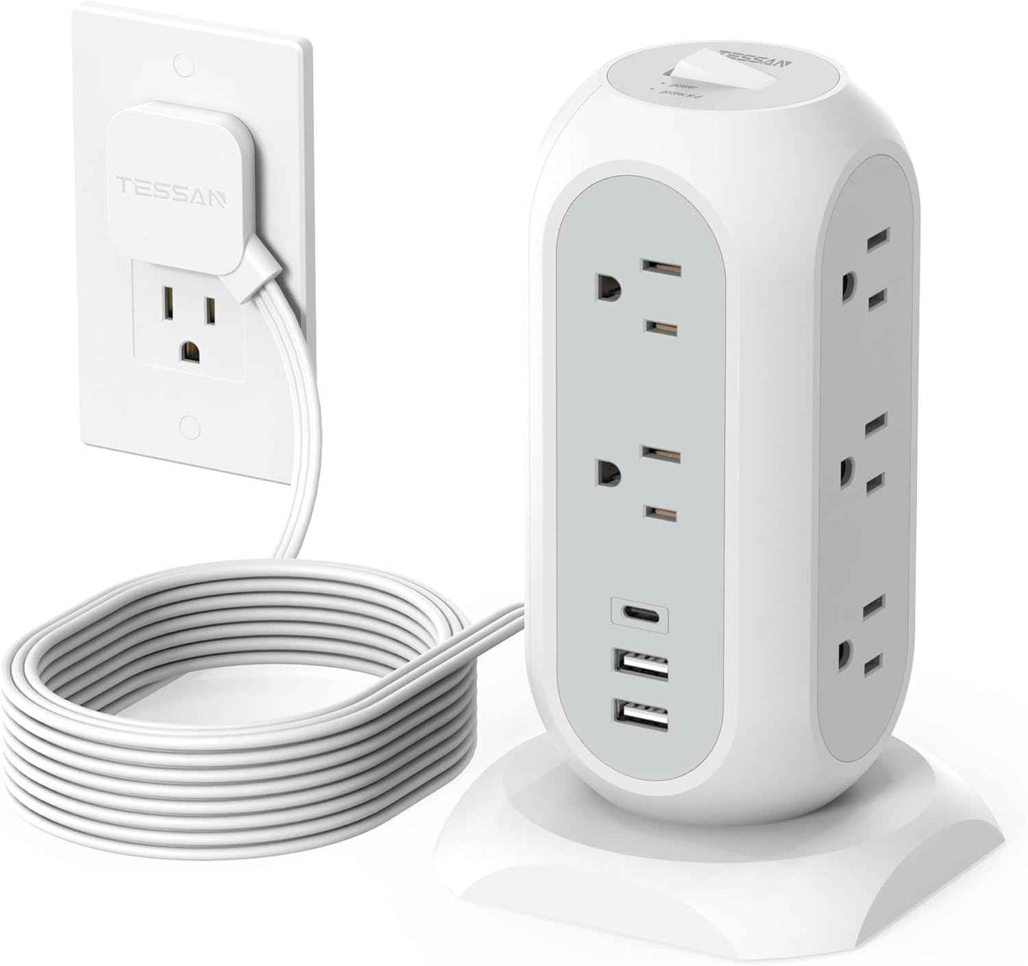 Tower Power Strip Flat Plug with 11 Outlets 3 USB (1 USB C), TESSAN Surge Protector Tower 1625W/13A,1050J Protection, 6 Feet Extension Cord with Multiple Outlets, Office Desk Supplies, Dorm Essentials