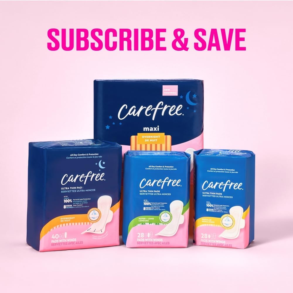 Carefree Maxi Pads for Women, Overnight Pads with Wings, 28ct | Carefree Pads, Feminine Care, Period Pads & Postpartum Pads | 28ct (Pack of 1)