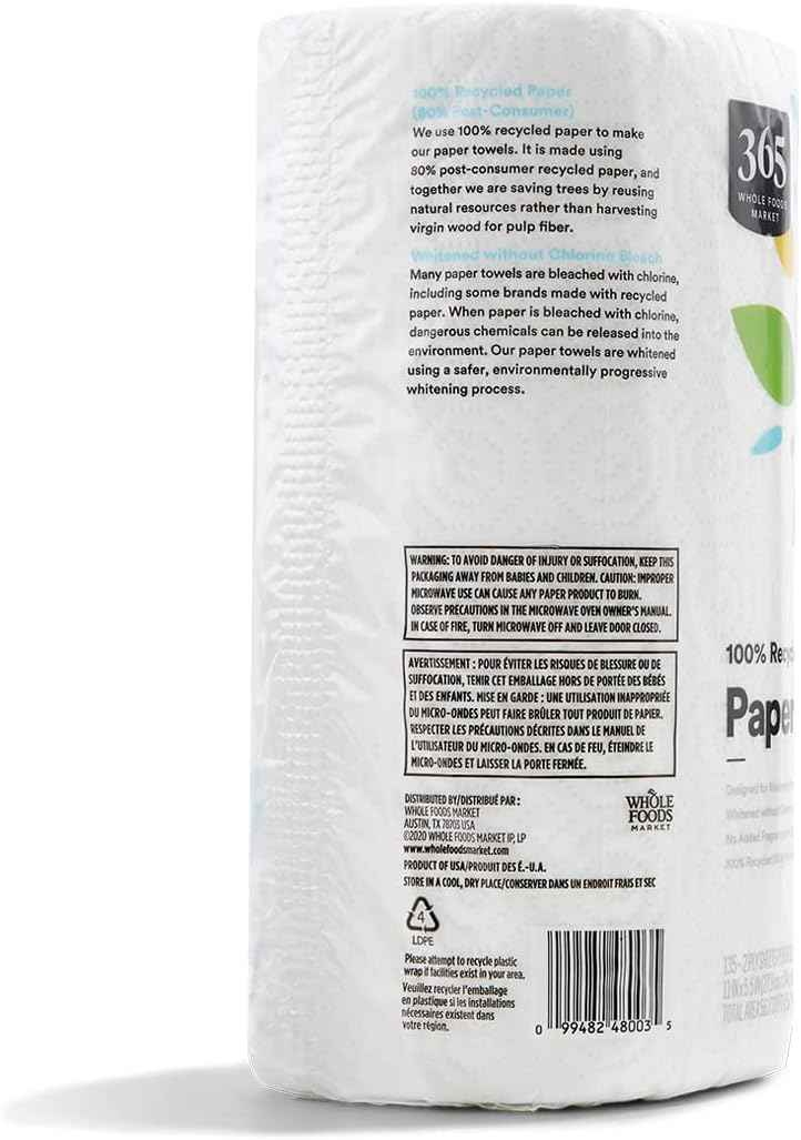 365 by Whole Foods Market, 100% Recycled Jumbo Paper Towels, Ultra-Strong, 135 Sheets per Roll, 1 Count
