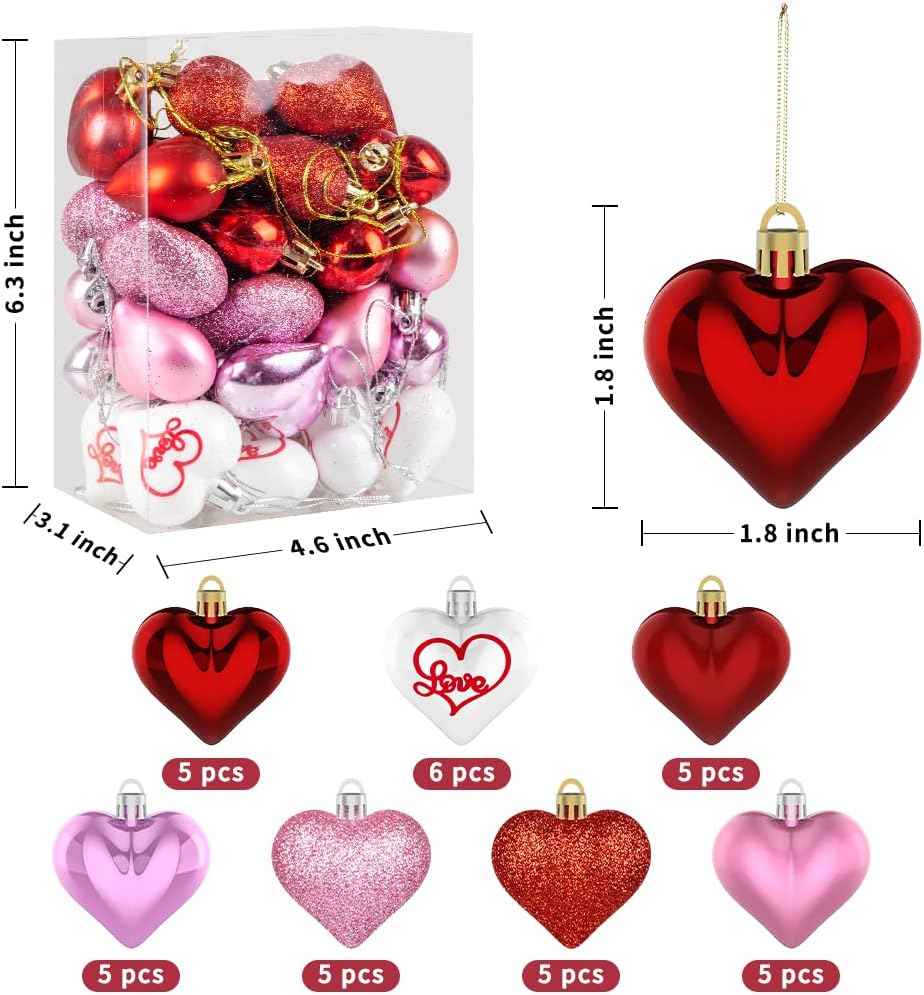 Valentine's Day Decor Heart Ornaments 36 Pcs Heart Shaped Baubles Red Pink White Hanging Decorations for Valentine's Day Christmas Wedding Anniversary