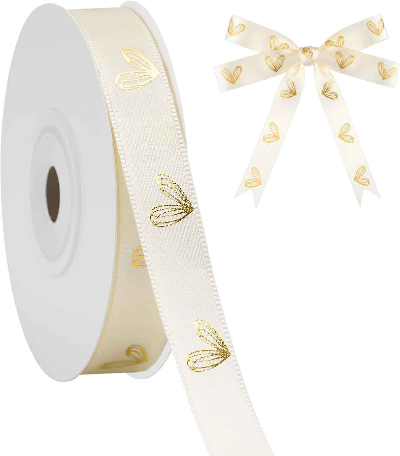 KINGLAKE Valentine's Day Ribbon Red - 1/2'' x 20 Yds Red Heart Satin Ribbon for Gift Wrapping Valentine Ribbons with Gold Heart for Crafts Flower Bouquet Party Home Decorations