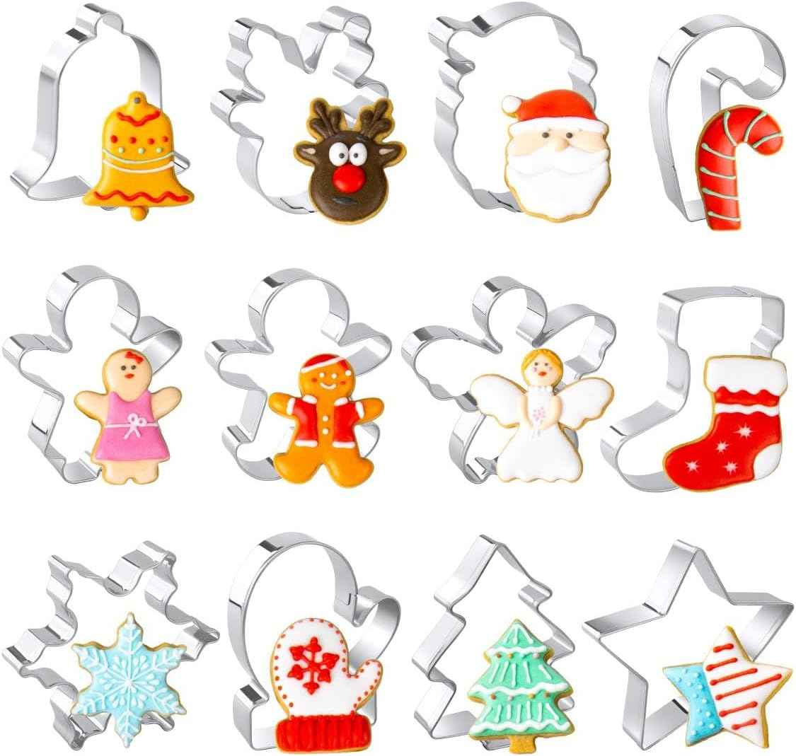 Christmas Cookie Cutters Set, 12 Pieces Stainless Steel Metal Christmas Cookie Cutters Shapes - Gingerbread Men,Christmas Tree,Snowflake, Candy Cane, Santa Face, Star and More