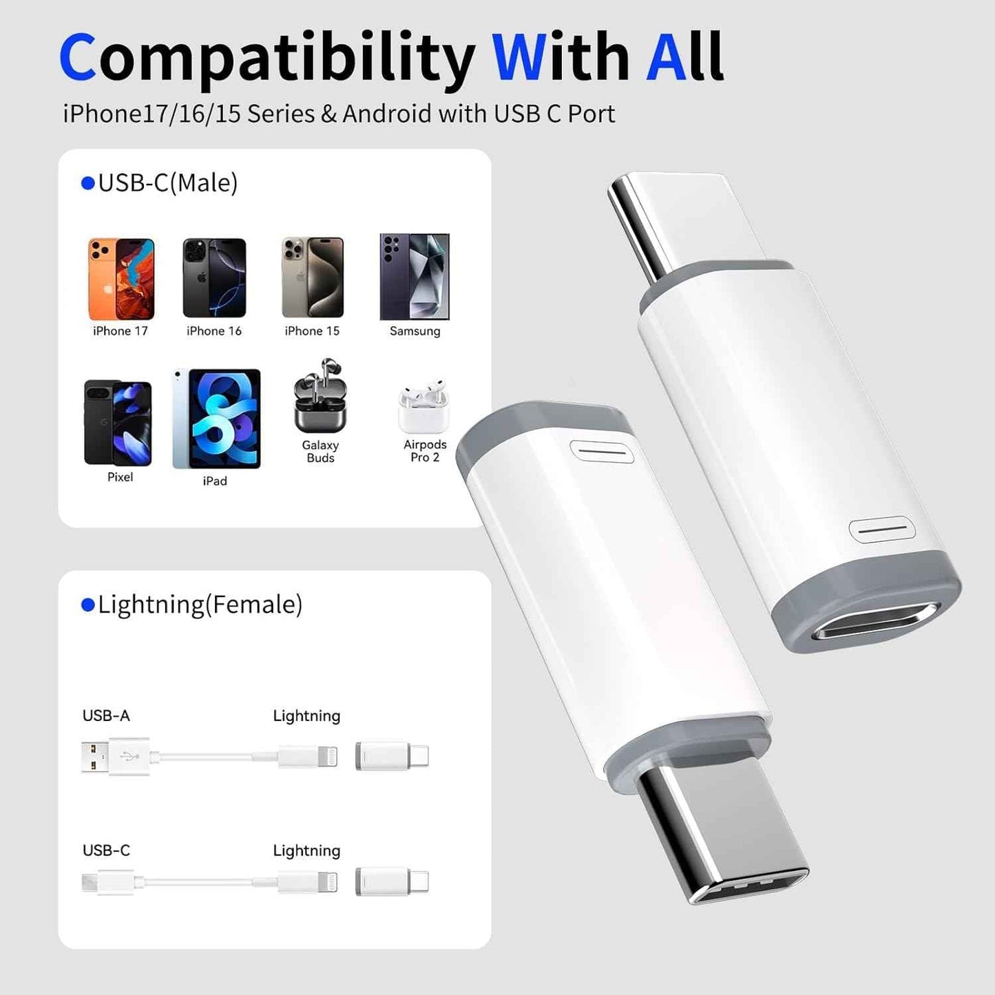 4-pack lightning to usb c adapter for iphone 15/16/17 pro/max, fast charging & data transfer, not for audio/otg