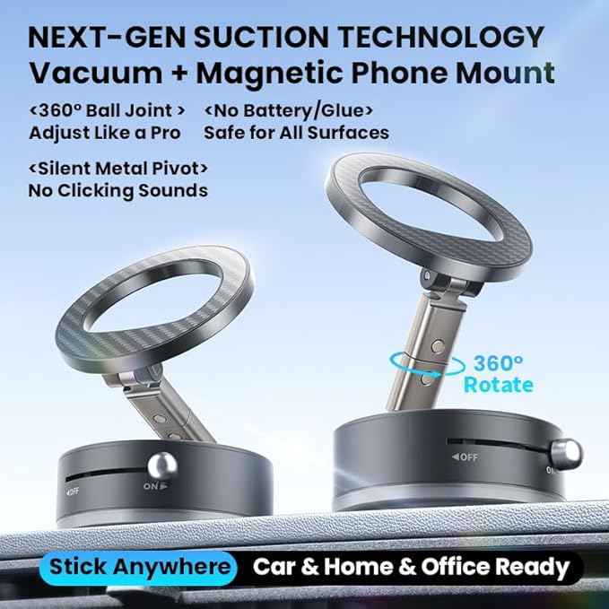 bisart vacuum magnetic car phone holder, rotatable, 96lbs suction cup mount, magsafe compatible, black
