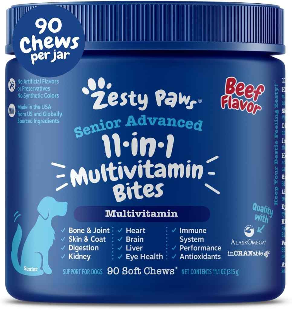 Zesty Paws Dog Multivitamin, Chewable Dog Vitamins and Supplements for Hip & Joints, Skin & Coat, Omega 3 Fish Oil for Dogs- Senior & Puppy Multivitamin- Chicken- 90ct