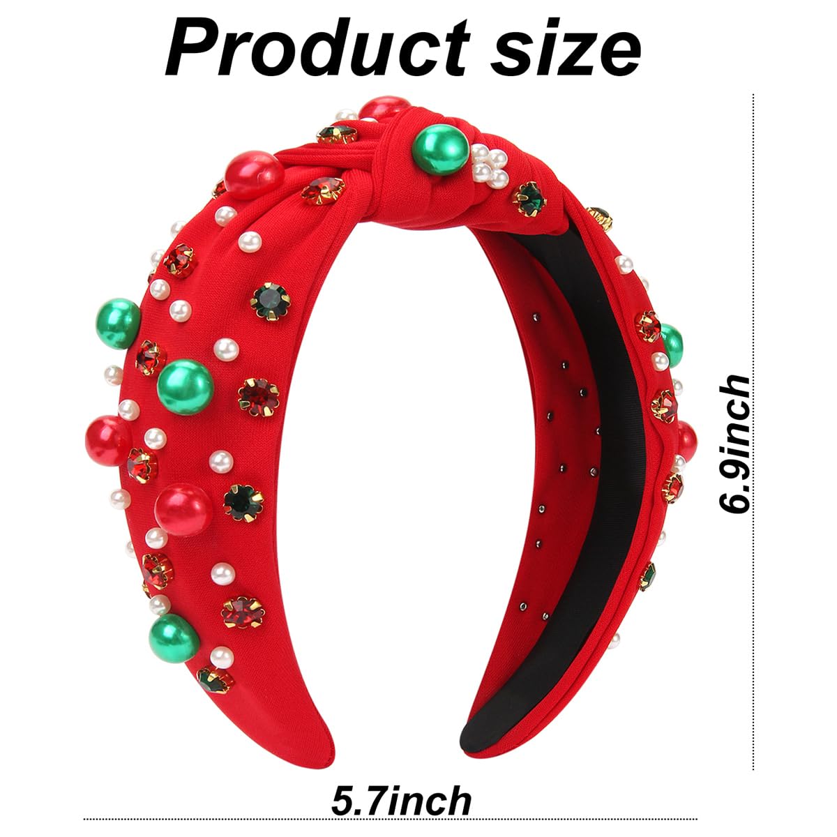 2Pcs Christmas Headbands for Women - Red Green Pearl Rhinestone Crystal Jeweled Christmas Headband - Womens Headbands Fashion Elegant Wide Top Knot for Women Holiday Clothes Accessories(Red Green)