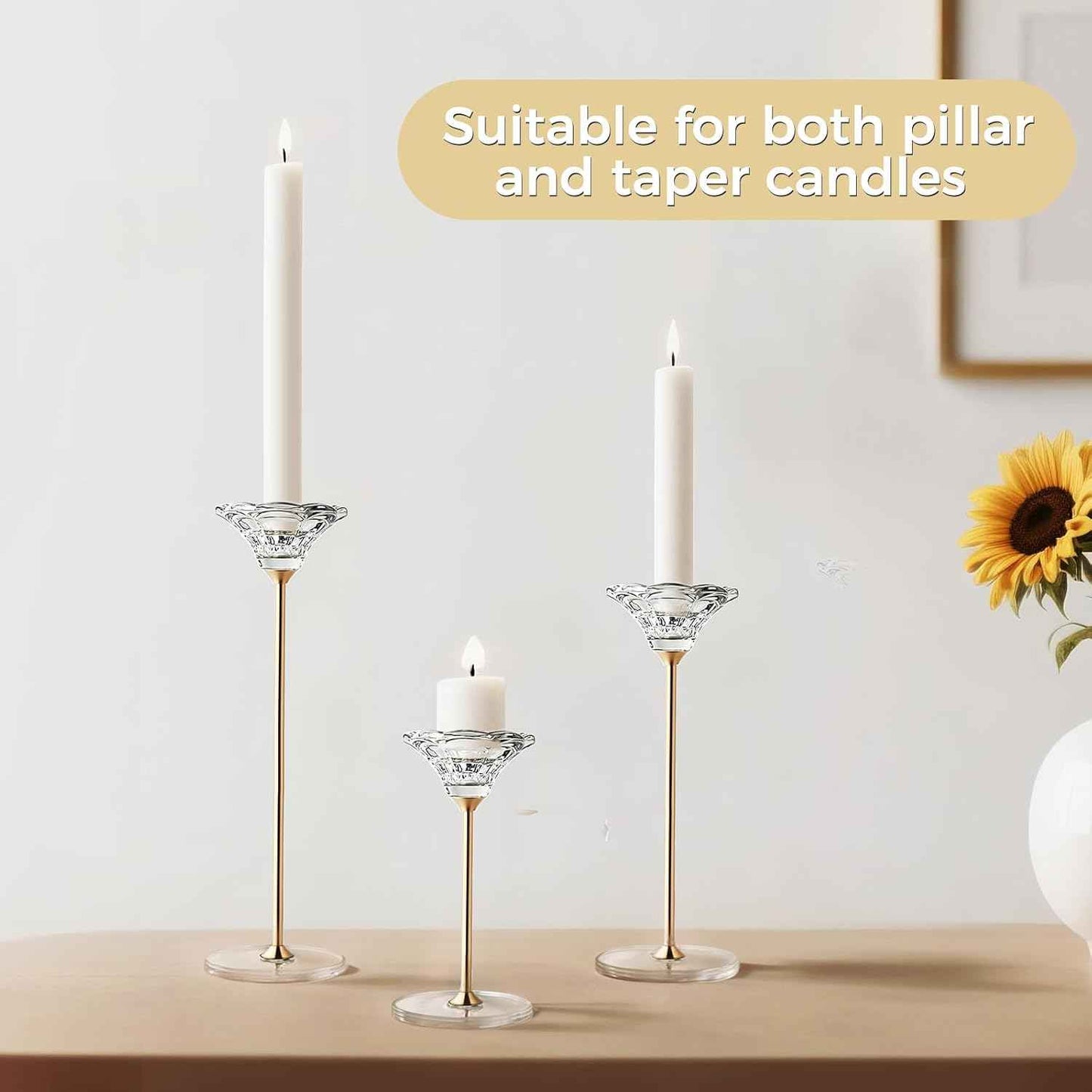 Candlestick Holders, Crystal 2 in 1 Taper and Pillar Candle Holders, Set of 3 Clear Glass Candle Holder, Decorative Candle Holder Candelabra for Home Decor, Wedding, Party, Anniversary
