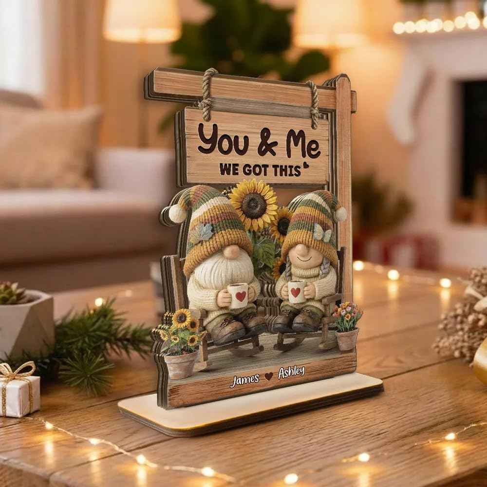 Personalized Gnome Couple Sign, Custom Names Romantic Gnome Love Wooden Table Sign, Cute Couple Home Decor, Anniversary Valentine Gift for Husband Wife
