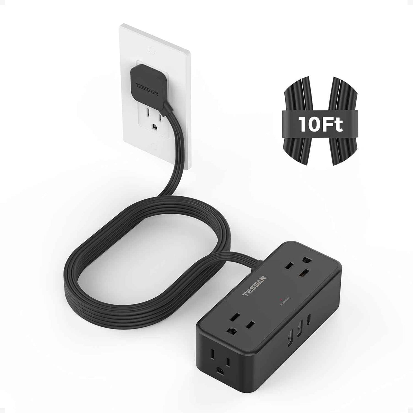 TESSAN Flat Plug Extension Cord 5 FT, Surge Protector Power Strip with 4 AC Outlets 1 USB C and 2 USB A Ports, 900 Joules Protection, Multiple Wall Outlet Extender Suitable for Home Office Dorm