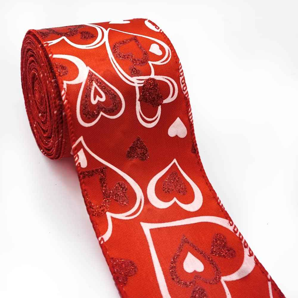 Valentines Fabric Ribbons, White Love Heart Edge Wired Burlap Ribbon for Valentine's Day Hanging Wrapping Party Gift Decoration Indoor Outdoor Tree Crafts Supplies (2.5 Inch * 10 Yards * 1 Roll)