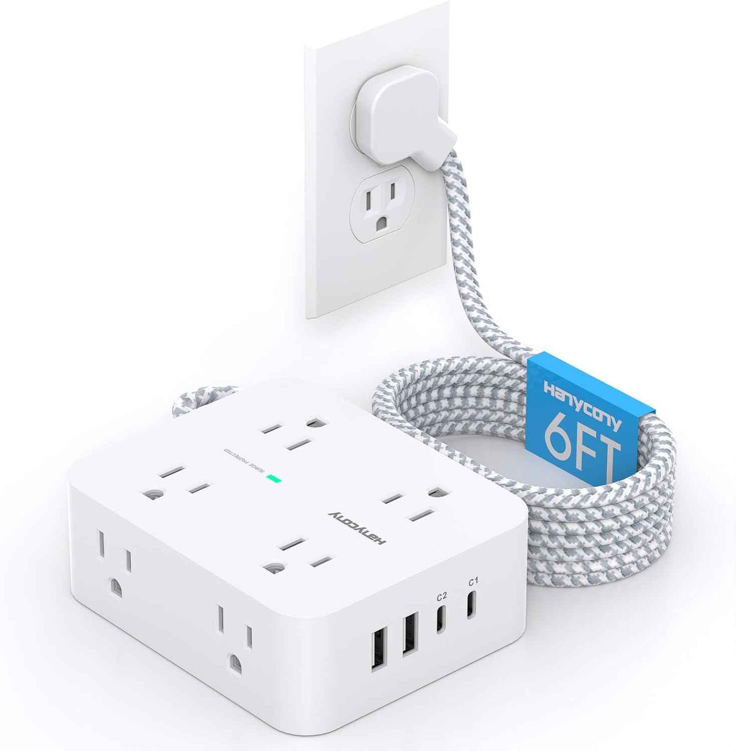 Surge Protector Power Strip - HANYCONY 8 Outlets 4 USB (2 USB C) Charging Ports, Multi Plug Outlet Extender, 5Ft Braided Extension Cord, Flat Plug Wall Mount Desk Charging Station for Home Office ETL