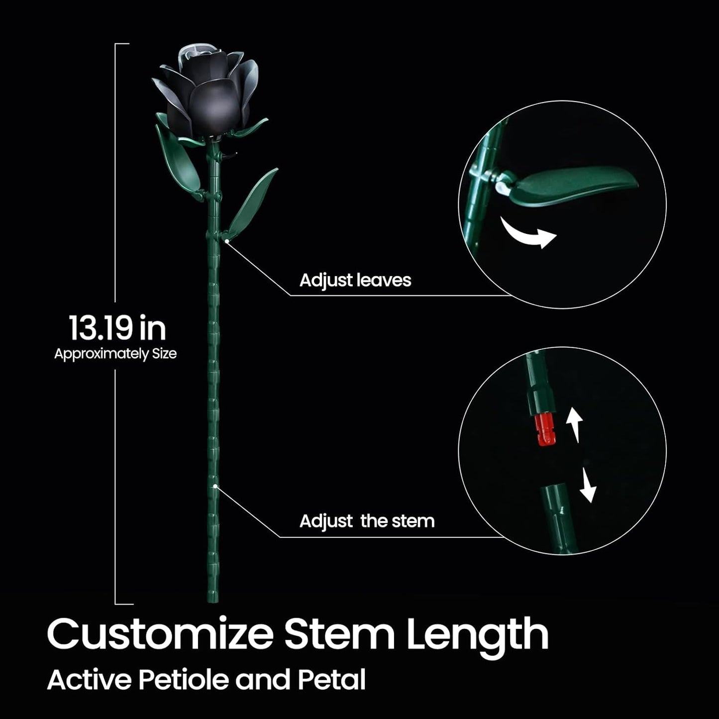 iATOM Black Roses Flower Building Set - 3Pack, Gift for Valentine's Day for Her/Mom/Girlfriend/Wife/Couple, Gothic Romantic Emo Horror Retro Artificial Flowers Botanical Collection Home Decor