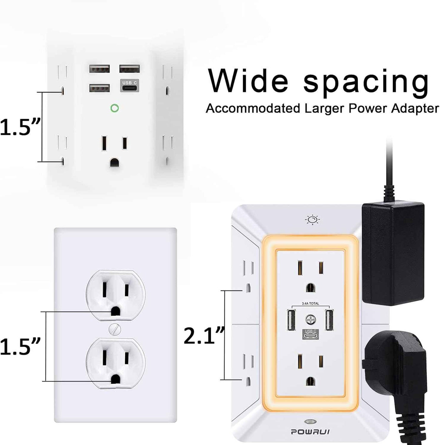 POWRUI Multi Plug 6 Outlet Surge Protector Extender with 3 USB Ports (1 USB C) and Night Light, 3-Sided Power Strip with Adapter Spaced Outlets, ETL Listed, White