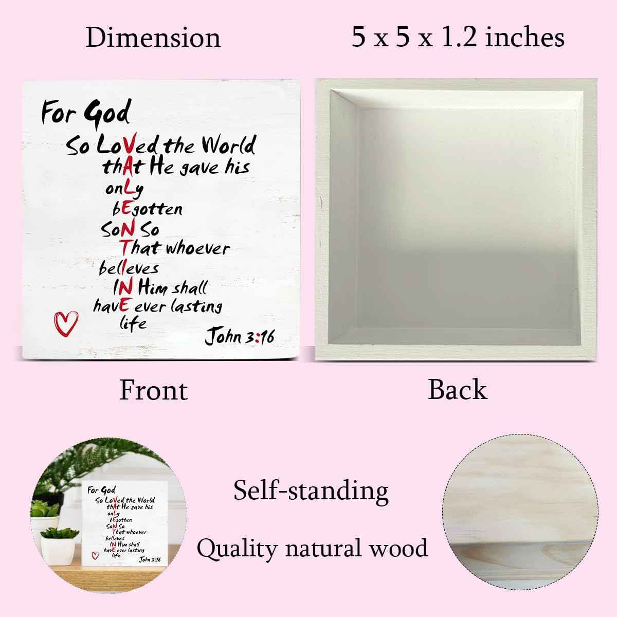 Christian Valentines Decor, Rustic John 3:16 Bible Verse Scriptures Wooden Sign Home Tabletop Shelf Desk Decoration Valentines Day Decor