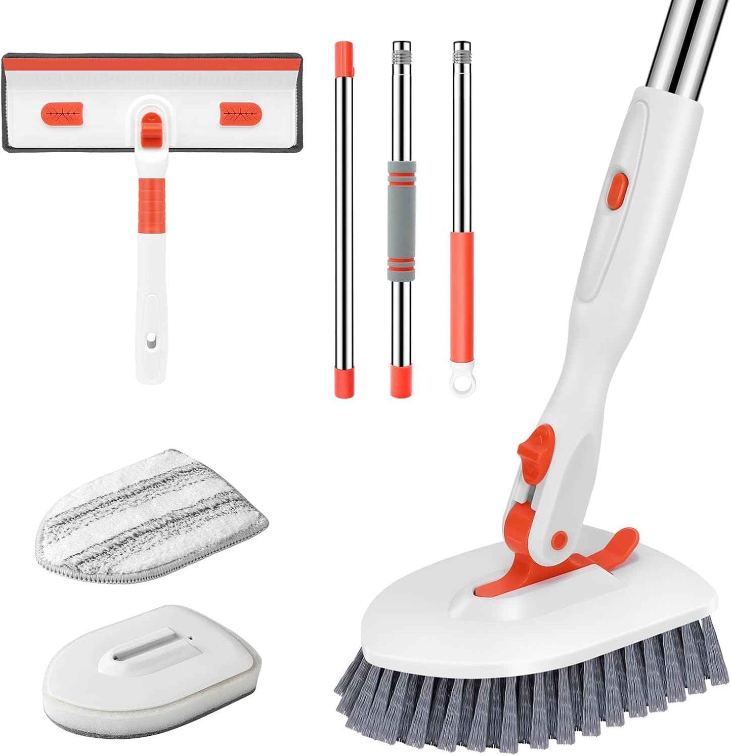 SetSail Floor Scrub Brush, 3-In-1 Tile Tub Floor Scrubber with 52-inch Adjustable Long Handle Shower Cleaner and 3 Detachable Replacement Brush Heads for Cleaning Bathroom Kitchen Walls Tub Tile