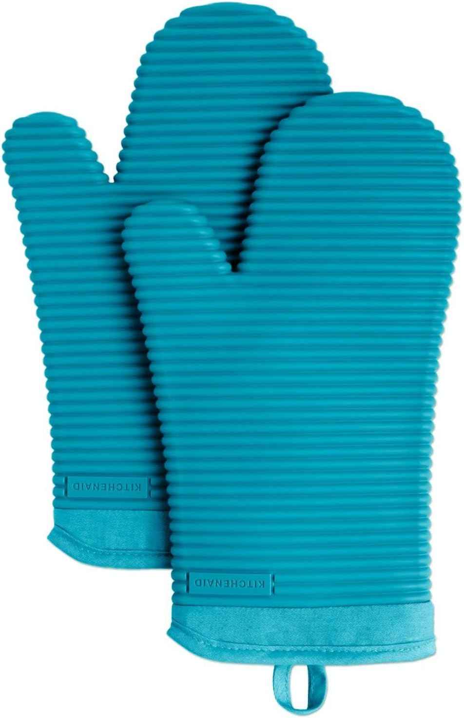KITCHENAID Ribbed Soft Silicone Oven Mitt 2-Pack Set, 7.5"x13", Milkshake