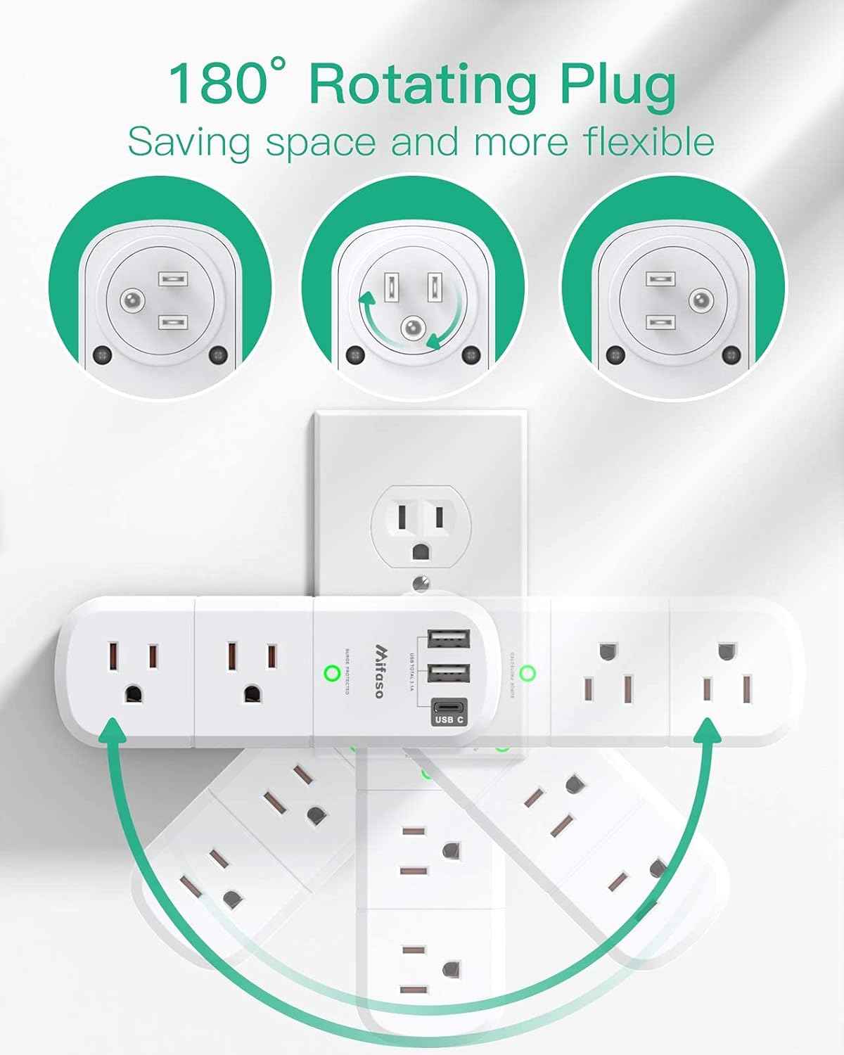 Outlet Extender with Rotating Plug, Mifaso Surge Protector 6 AC Multi Plug Wall Outlets and 3 USB Ports, 1800 Joules, 3-Sided Swivel Power Strip Spaced Splitter for Home, Travel, Dorm Room Essentials
