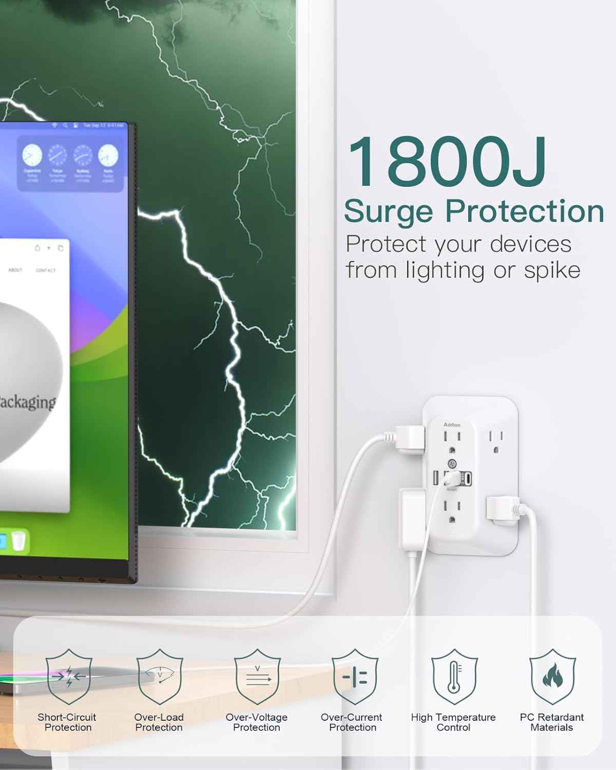 Addtam Surge Protector Outlet Extender, 6-Outlet Splitter with 4 USB Wall Charger(2 USB-C Ports), Multi Plug Wall Outlet 1800J Power Strip for Home Office Dorm Room Essentials