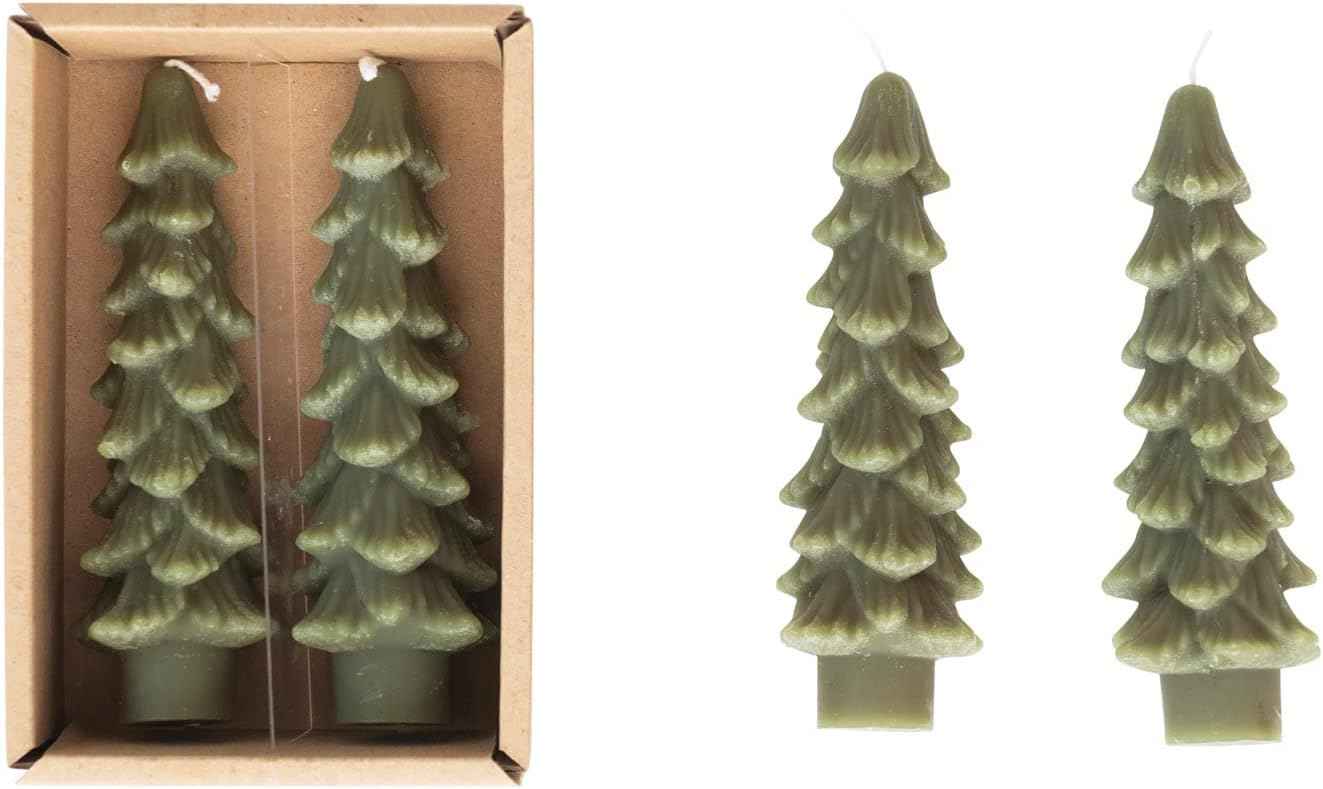 Creative Co-Op Unscented Tree Shaped Taper Candles, Evergreen, Boxed Set Of 2