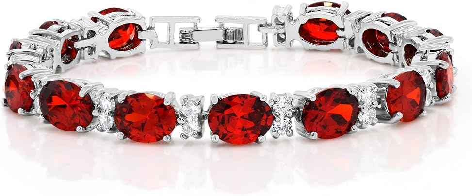 Gem Stone King 7 Inch Red and White CZ Bracelet Set With Matching 2 Inch Oval shape Dangle Earrings | Red and White, Matching, Oval shape, 7 Inch, 2 Inch