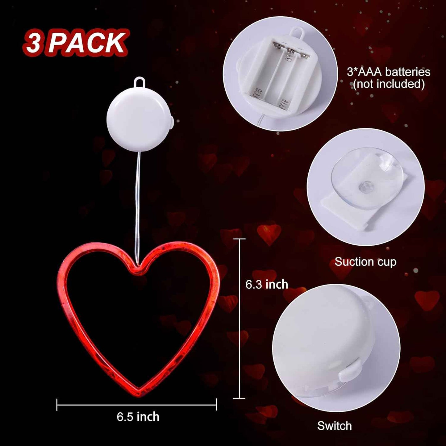 3 Pack Valentines Day Window Lights Decorations with Timer, Battery Powered Hanging Red Lighted Heart Shaped Silhouette Sucker LED Lamp for Fireplace Indoor Home Decor