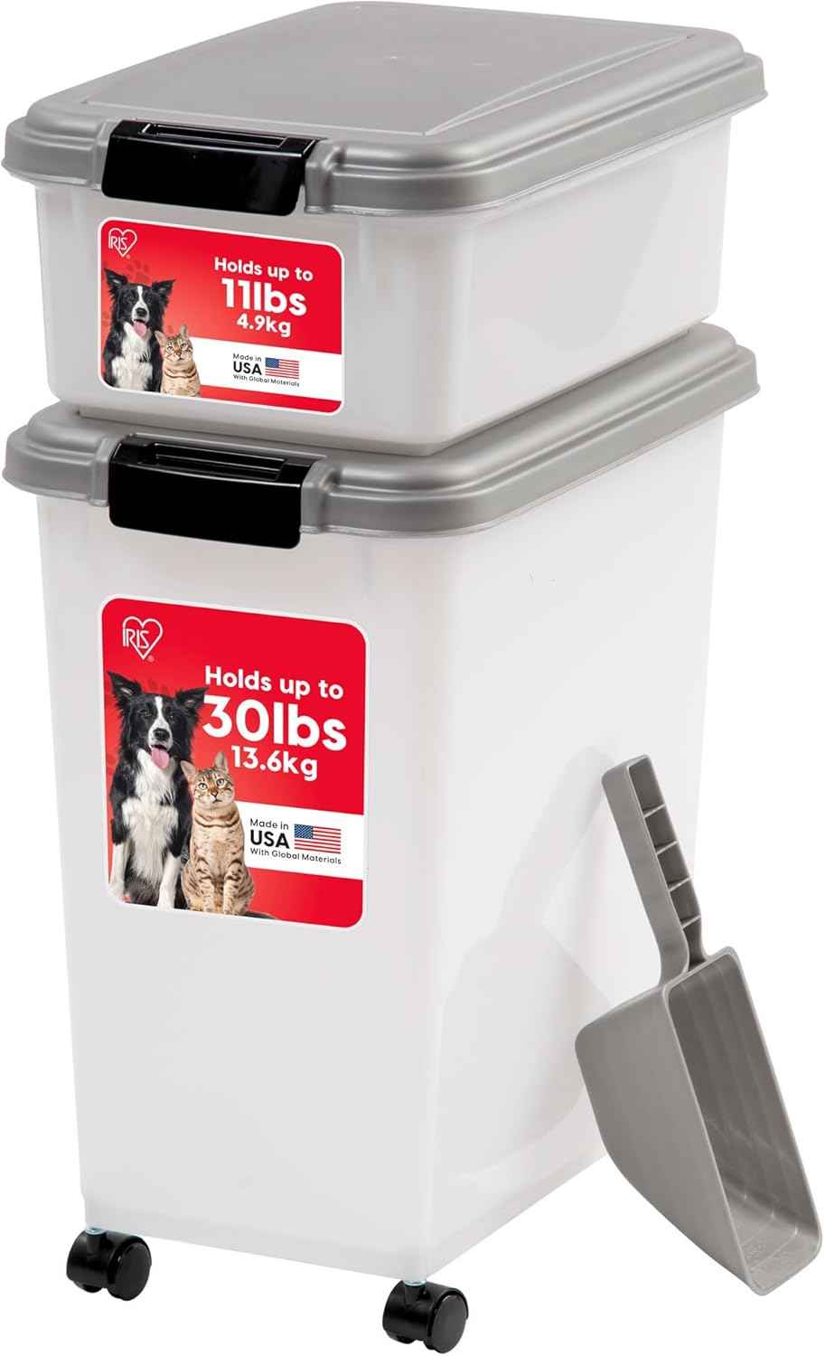 IRIS USA Dog Food Storage Container, 30 lbs & 11 lbs Combo, Cat Food Storage Container, Dog Treat Container, Airtight, Stackable, 2-Cup Scoop, Wheels, Easy Mobility, Black