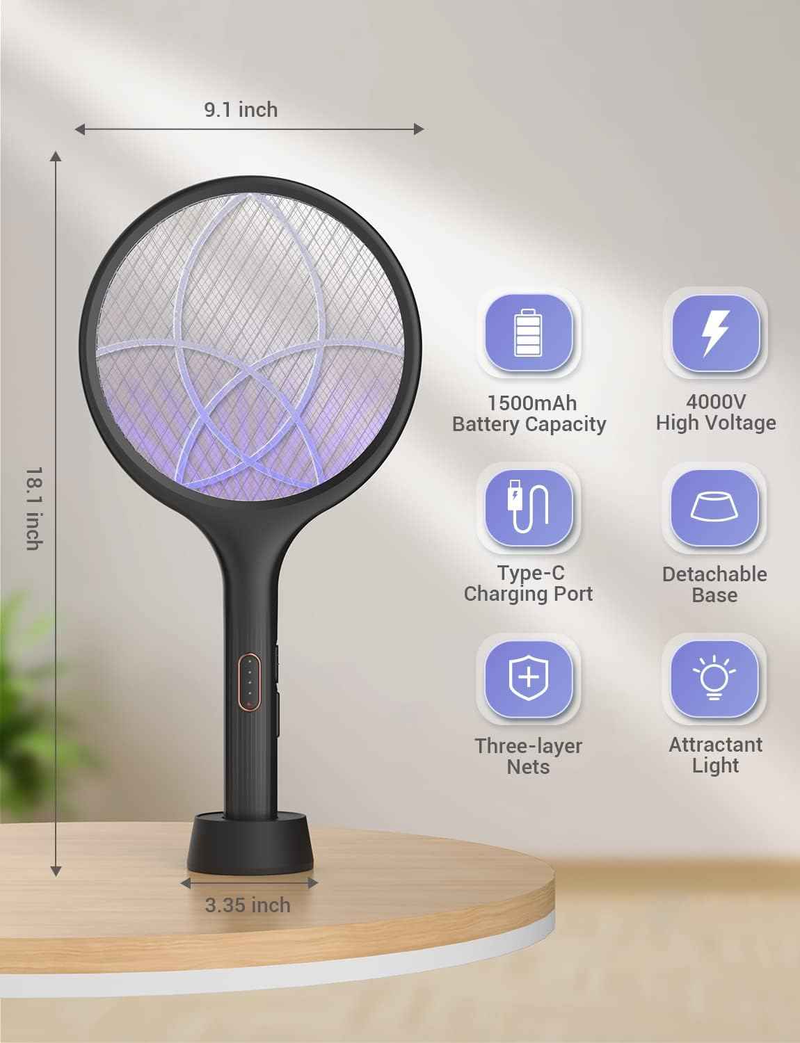 YISSVIC Electric Fly Swatter Bug Zapper Racket Dual Modes Mosquito Killer with Purple Mosquito Light Rechargeable for Indoor Home Office Backyard Patio Camping