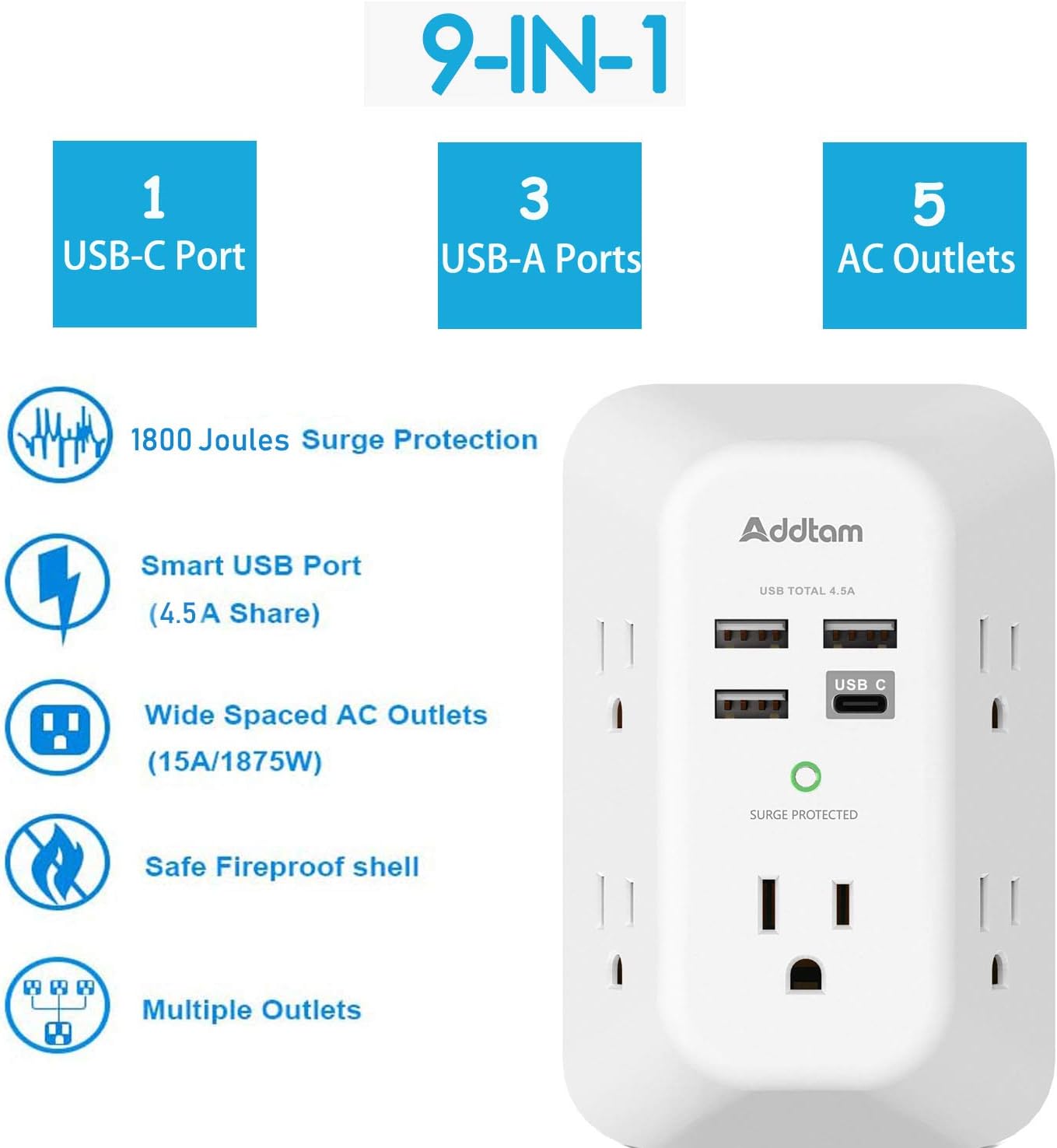 Addtam USB Wall Charger Surge Protector – 5 Outlet Extender with 4 USB Ports (1 USB-C) 1800J Power Strip Multi Plug Adapter for Home & Office