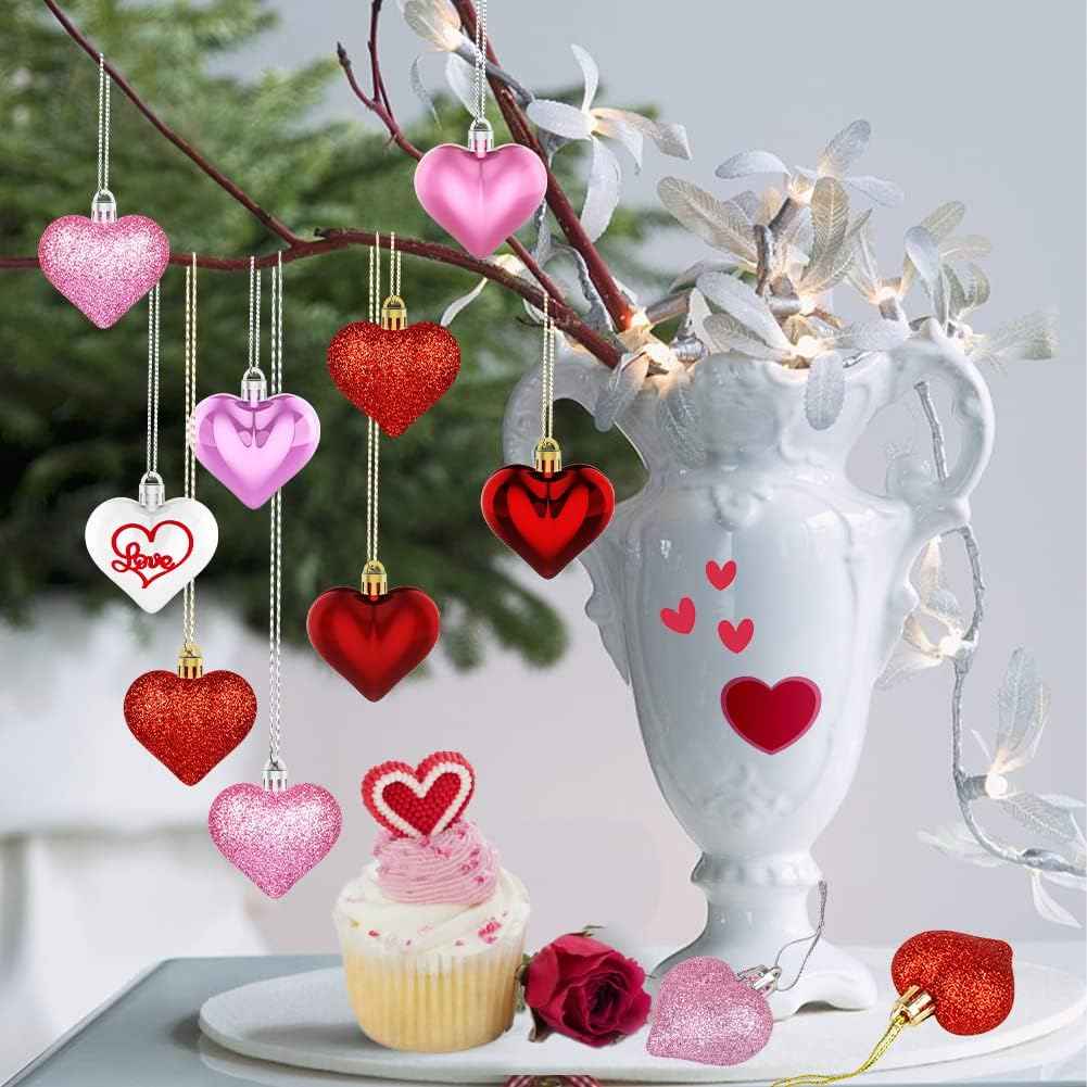 Valentine's Day Decor Heart Ornaments 36 Pcs Heart Shaped Baubles Red Pink White Hanging Decorations for Valentine's Day Christmas Wedding Anniversary