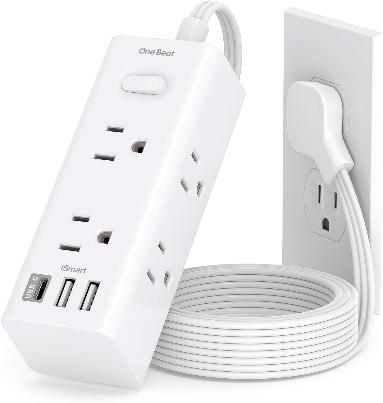 One Beat 10Ft Extension Cord Power Strip – 6 Outlets & 4 USB Ports (2 USB-C), Flat Plug Surge Protector for Home