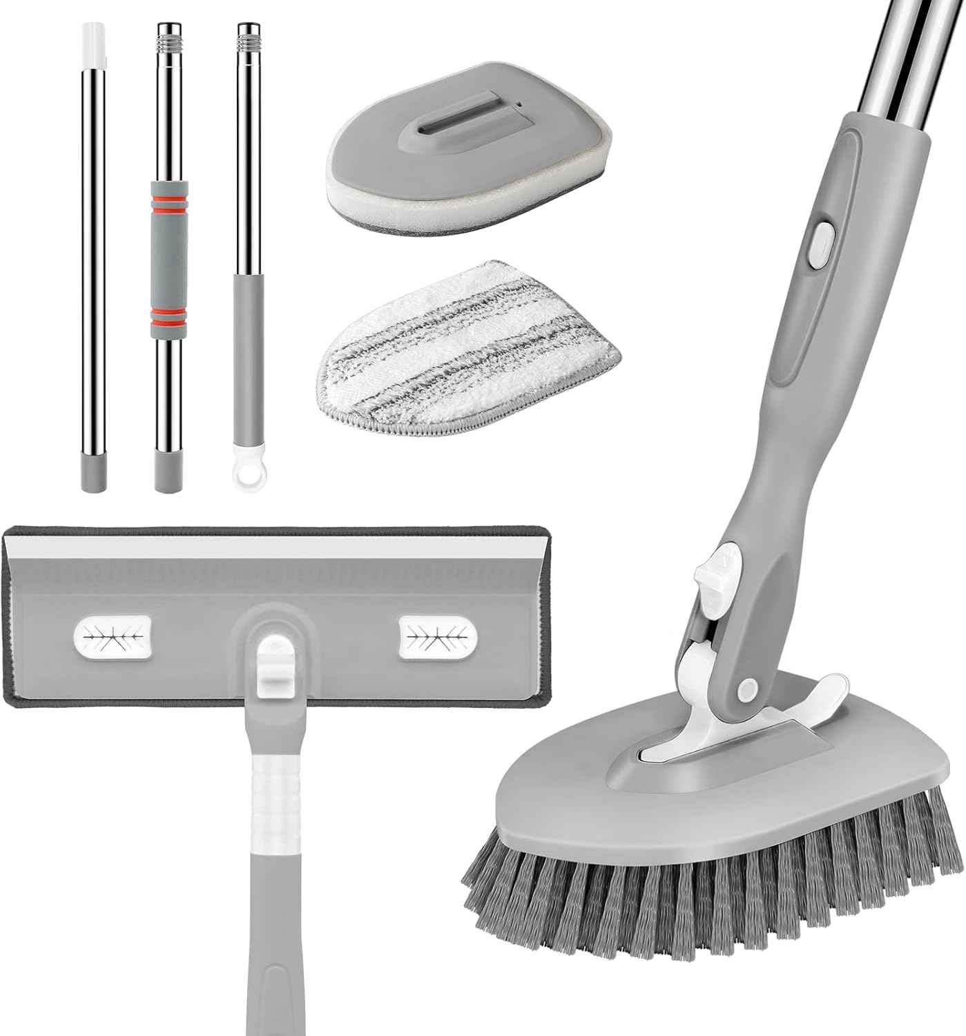 SetSail Floor Scrub Brush, 3-In-1 Tile Tub Floor Scrubber with 52-inch Adjustable Long Handle Shower Cleaner and 3 Detachable Replacement Brush Heads for Cleaning Bathroom Kitchen Walls Tub Tile