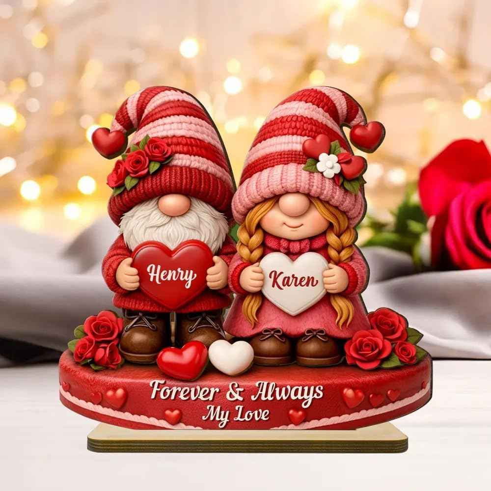 Personalized Gnome Couple Sign, Custom Names Romantic Gnome Love Wooden Table Sign, Cute Couple Home Decor, Anniversary Valentine Gift for Husband Wife