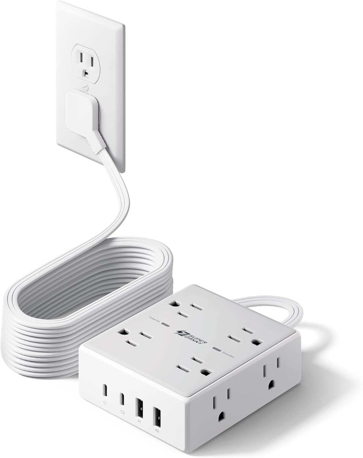 10Ft Extension Cord with Multiple Outlets, Flat Plug Surge Protector Power Strip 10 Ft Long Cord, 8 Outlets & 4 USB Ports (2 USB C), Desk Charging Station for Home Office, College Dorm Room Essentials