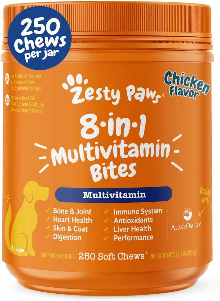 Zesty Paws Dog Multivitamin, Chewable Dog Vitamins and Supplements for Hip & Joints, Skin & Coat, Omega 3 Fish Oil for Dogs- Senior & Puppy Multivitamin- Chicken- 90ct