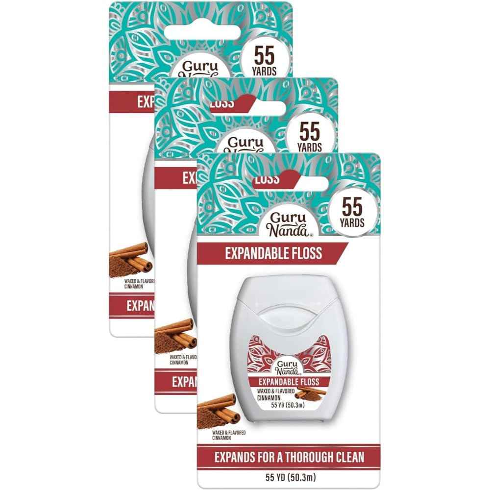 GuruNanda Expandable Waxed Dental Floss for Gentle, Deep Cleaning Wide Teeth Flossing - Cinnamon Flavor - 55 Yards