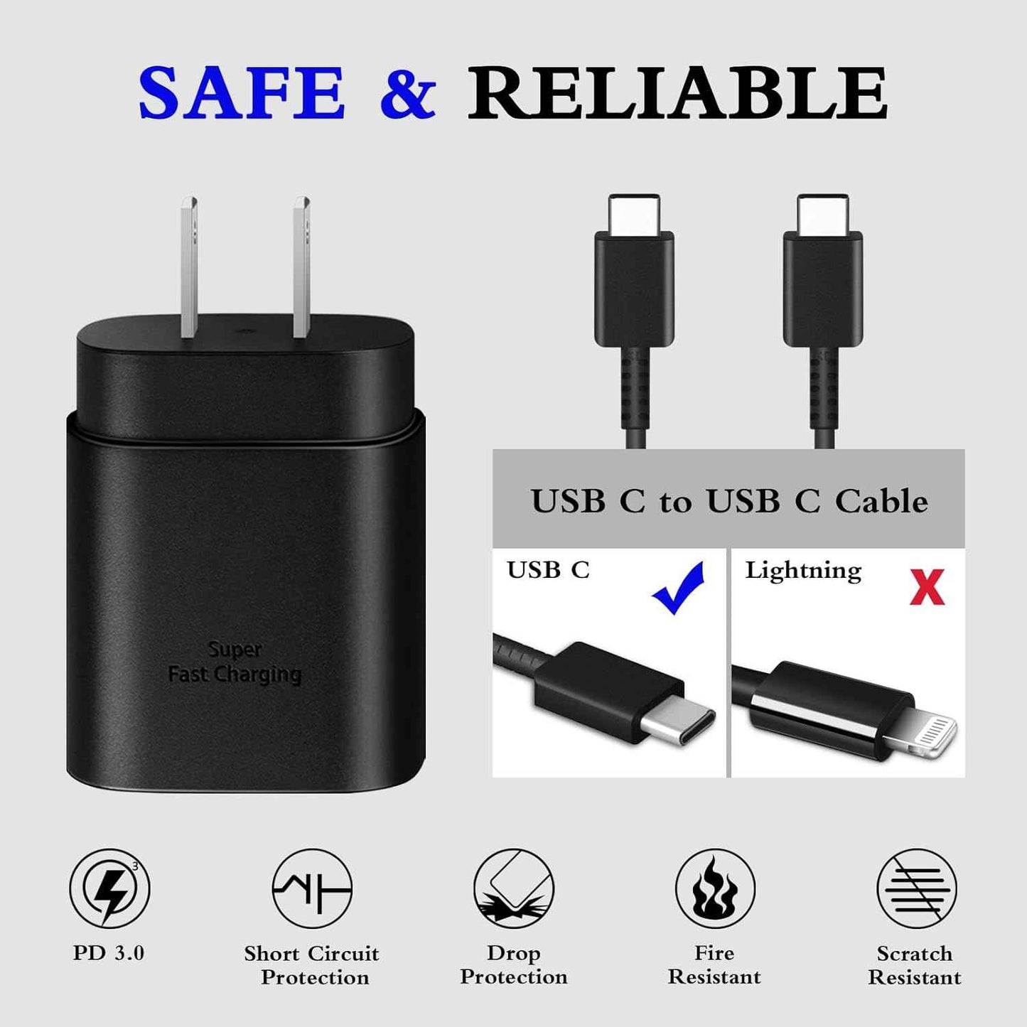 Type C Charger 2-Pack 25W Type C Fast Charging Block with 6ft USB C Charger Cable Compatible with Galaxy S25 S24 S23 S22 S21+/Phone 17/16/16 Pro Max/15/15 Pro Max/15 Plus-Black