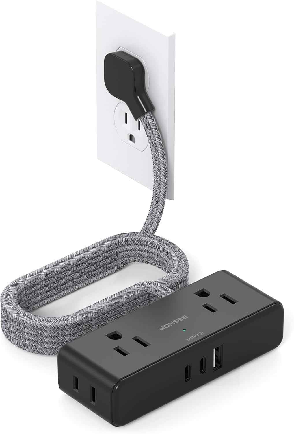 Flat Extension Cord 6 feet, Flat Plug Power Strip, 4 Widely Outlets with 3 USB Ports (2 USB C), 3 Side Outlet Extender with Extension Cord with Multiple Outlets for Home, Office, Dorm Room Essentials