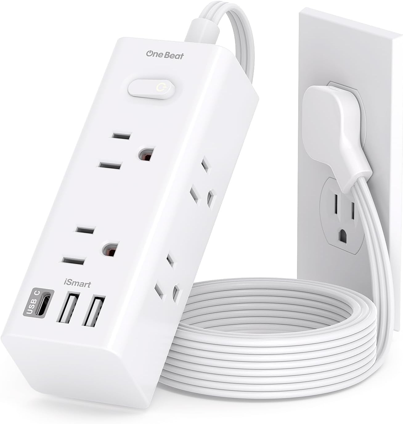 One Beat 10Ft Extension Cord Power Strip – 6 Outlets & 4 USB Ports (2 USB-C), Flat Plug Surge Protector for Home