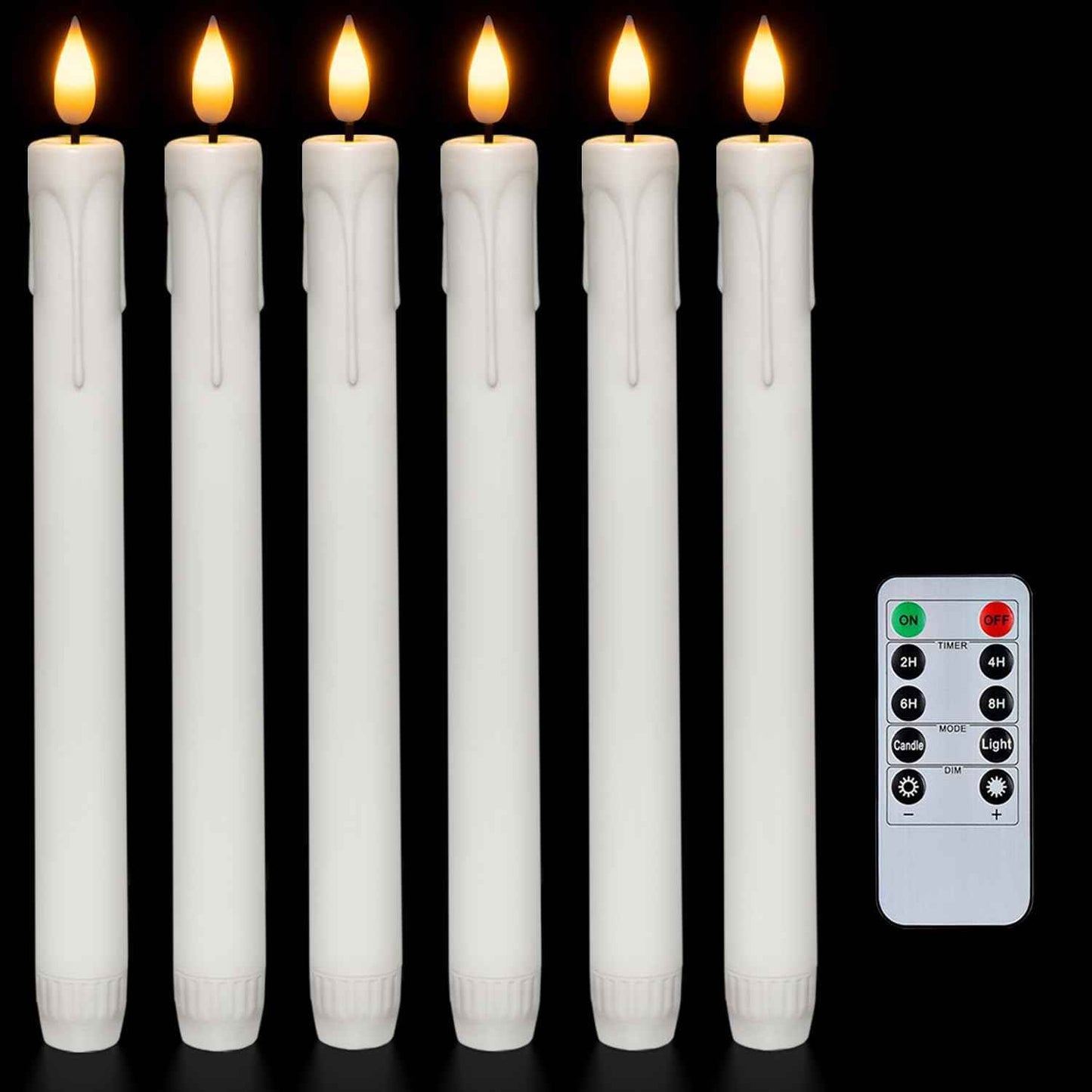 Homemory 6 Pcs Flameless Taper Candles with Remote, Timer, Dimmer, Ivory Battery Operated CandleSticks with Flickering Light, Plastic Led Window Candles, 9.6 Inches for Halloween Christmas Decoration