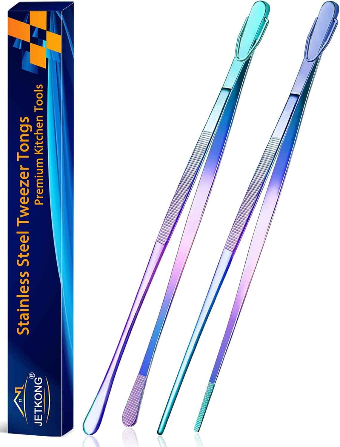 JETKONG 2 Pcs 12-Inch Kitchen Tweezers Fine Tweezer Tongs, Extra-Long Stainless Steel Cooking Tweezers (Silver)