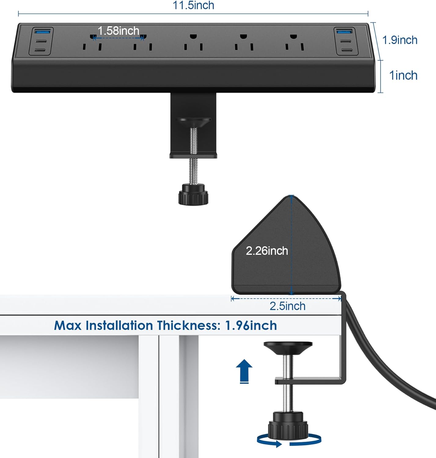 Jgstkcity Desk Clamp Power Strip with USB-C – 5 Outlets & 4 PD 20W Fast Charging Ports, 40W Desk Mount Surge Protector