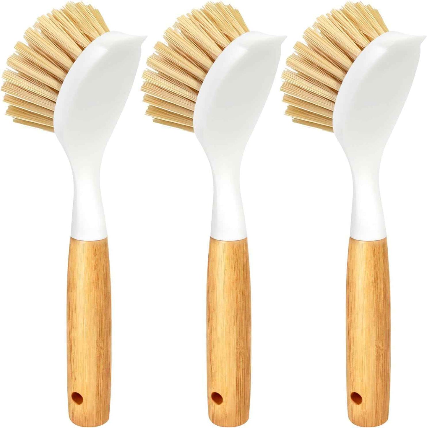 Holikme 3 Pack Dish Brush Set with Bamboo Handle, Kitchen Brushes for Cleaning Pot, Sink and Stove, Skillet Scrubber with Tough Bristles for Cast Iron Grill Pan, Yellow White Black